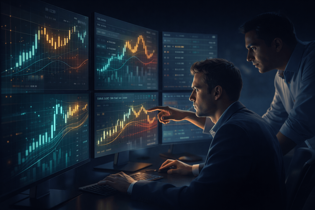 professional traders analyzing forex charts on multiple screens in a modern office environment with real-time market data