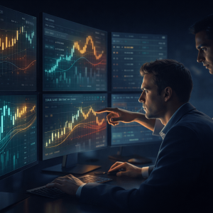 professional traders analyzing forex charts on multiple screens in a modern office environment with real-time market data