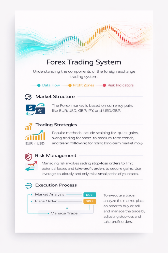 professional forex trading infographic showing market structure strategies risk management and execution on a clean white background